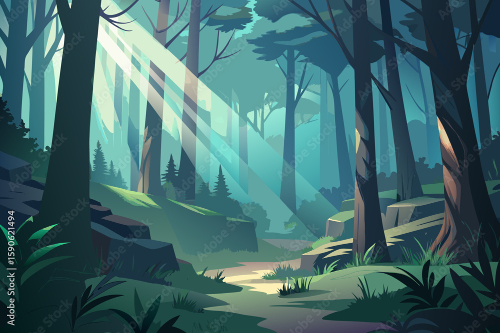 Poster enchanting forest illustration with sunlight streaming through the trees creating a serene and mysti