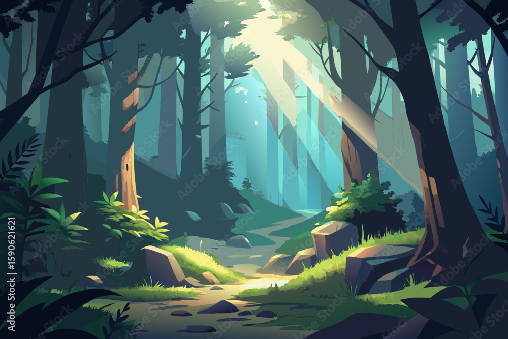Poster enchanted forest trail a serene vector illustration of a sunlit path winding through a dense forest 