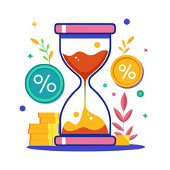 Hourglass with coins and percentage symbols time money