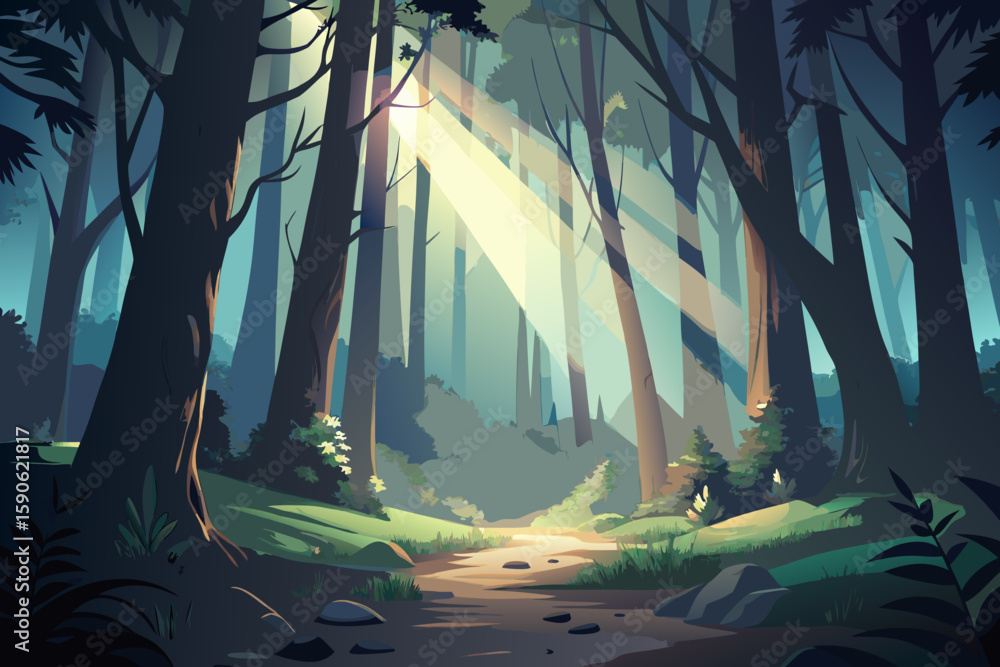 Poster sunlight streaming through a dense forest illuminating a winding path a stylized illustration with a