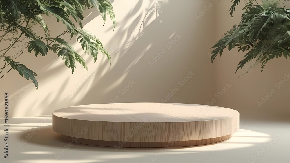 Poster a minimalist product display platform with natural light and green foliage creating a serene backdro