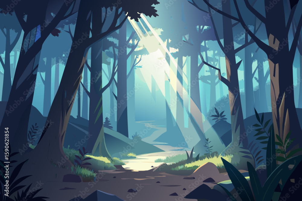 Poster sunlight filtering through trees in a mystical forest creating a serene and dreamlike atmosphere wit