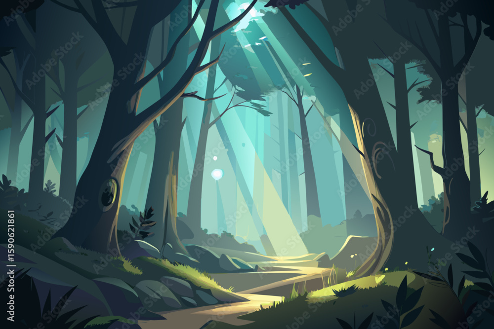 Poster tranquil forest scene with sunbeams a serene vector illustration of a lush forest with tall trees a 
