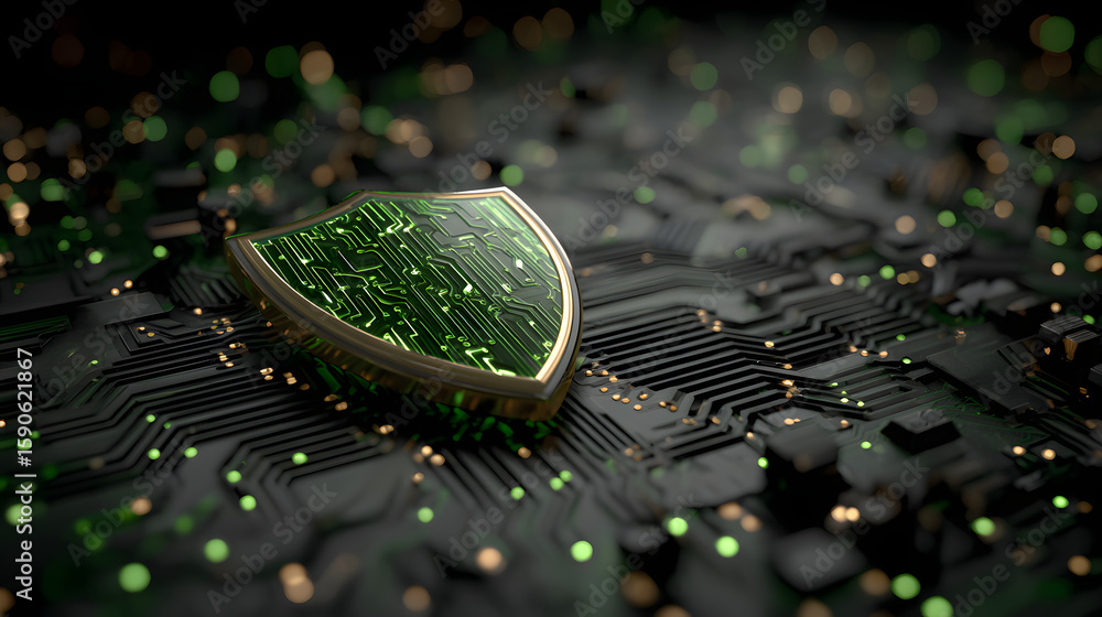 Poster digital security concept featuring a futuristic shield protecting a green circuit in a technology ba