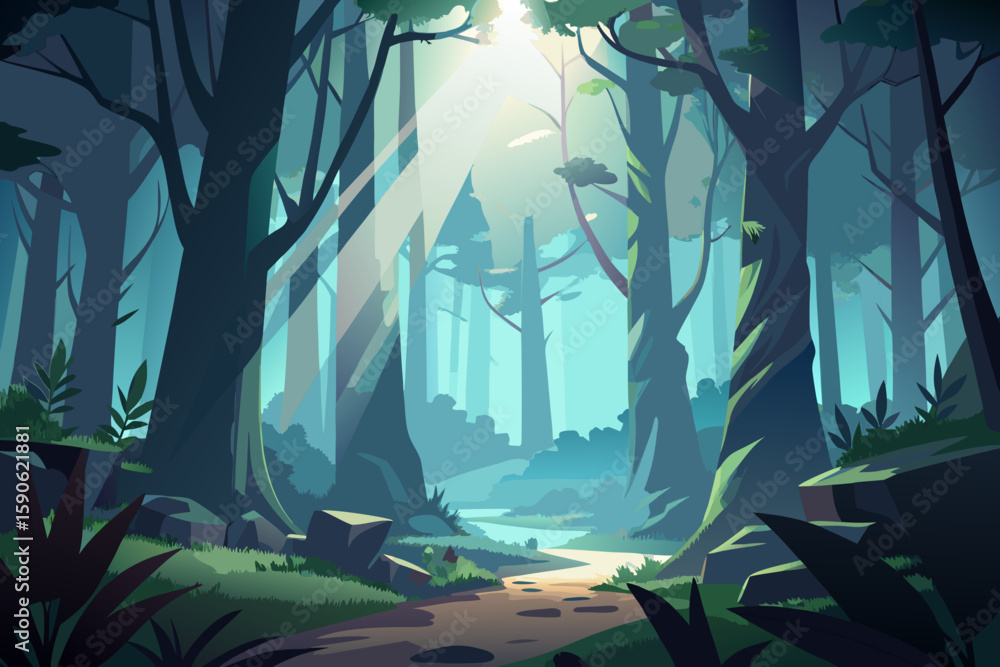 Poster tranquil forest path with sunbeams a serene vector illustration of a peaceful forest scene with a wi