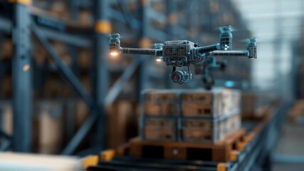 Modern warehouse management using innovative drone technology scanning packages on conveyor belt, improving efficiency and automation in logistics operations - Powered by Adobe