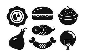 Black Silhouette Food Icons Set Including Pate Burger Dessert Ham Sauce Sausage and Egg Isolated on White Background Perfect for Culinary Designs and Illustrations