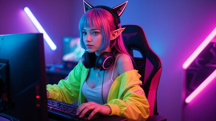 ultra realistic photo young woman with colored hair in anime style with pointed elf ears and gaming headphones fashionably dressed in bright clothes emotionally plays computer games in typical gamer r