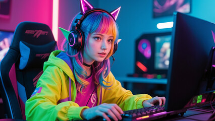 ultra realistic photo young woman with colored hair in anime style with pointed elf ears and gaming headphones fashionably dressed in bright clothes emotionally plays computer games in typical gamer r