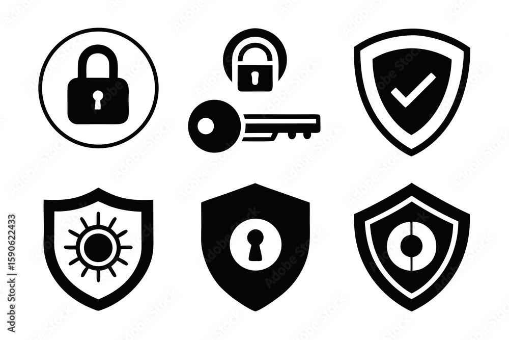 Poster collection of security icons representing protection authentication and data safety in a modern and 