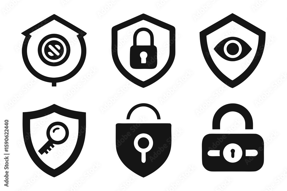 Poster collection of security and protection icons in black and white featuring shields padlocks keys and e