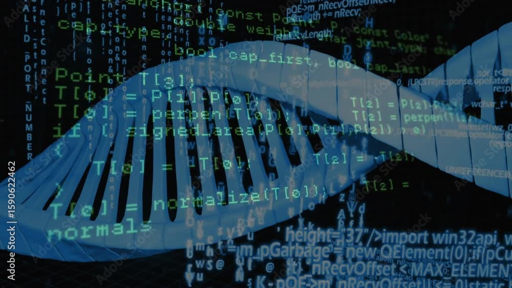 Poster at start 3d blue dna helix rotating, code shifting through defs for visualizing tech data aesthetic