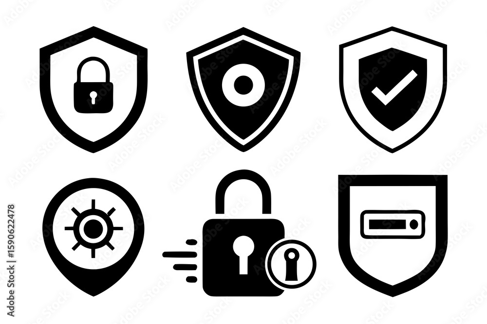 Poster set of security icons in black and white featuring shield designs padlocks and location pins for cyb