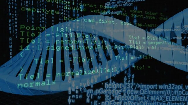 At start 3D blue DNA helix rotating, code shifting through defs for visualizing tech data aesthetic