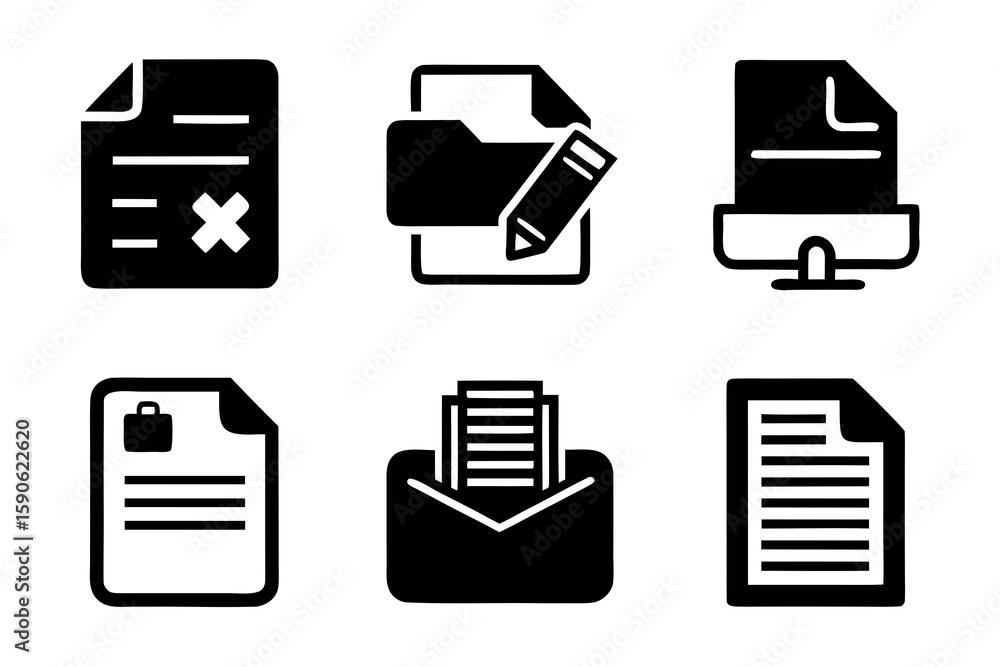 Fototapete Set of black and white document icons representing various file types folders and actions such as editing sending and displaying on a computer screen interface