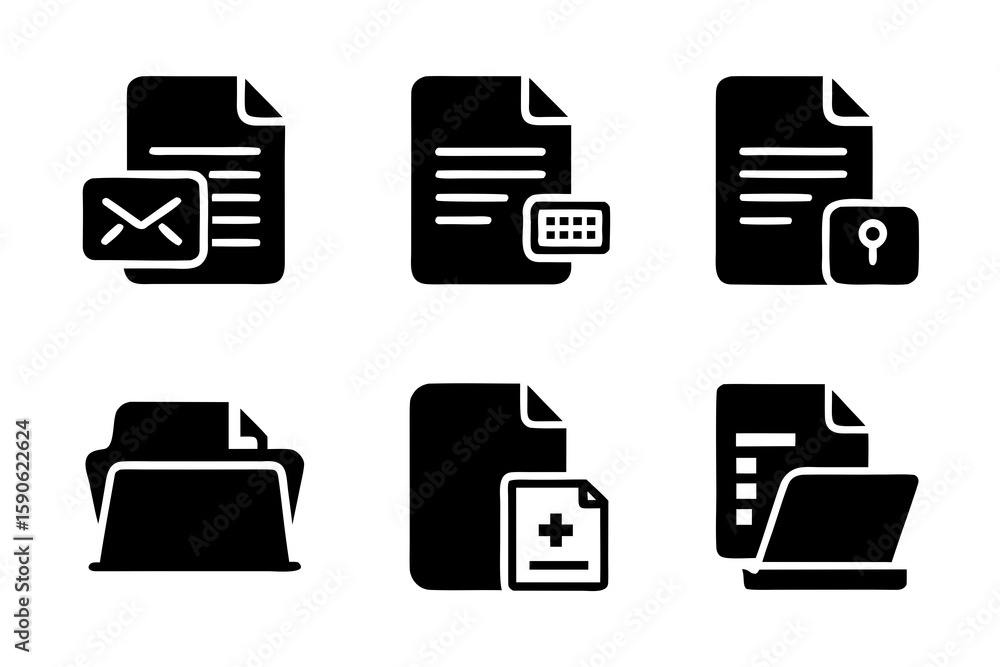 Poster collection of black and white document icons representing email calendar security folder add documen
