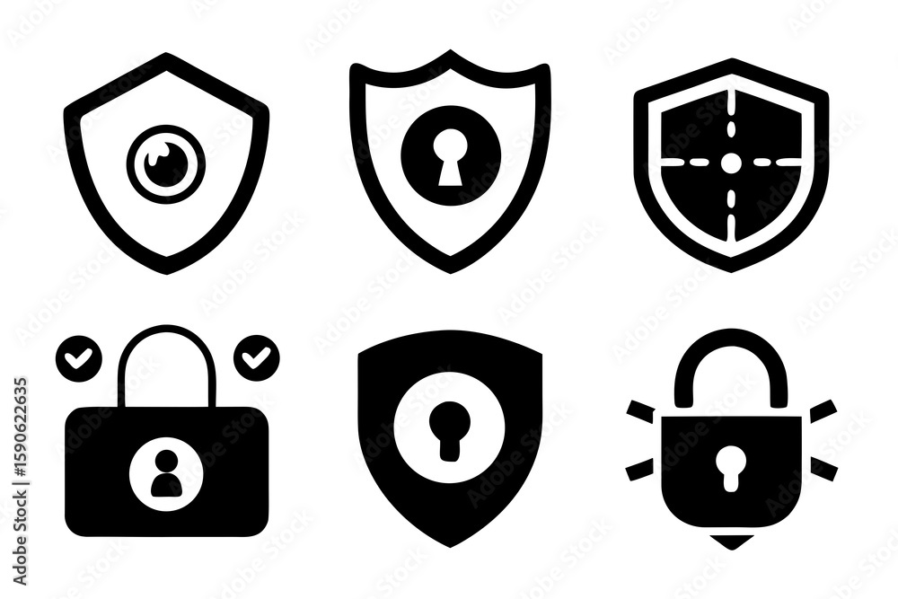 Poster set of security icons featuring shields and padlocks representing data protection privacy and cybers