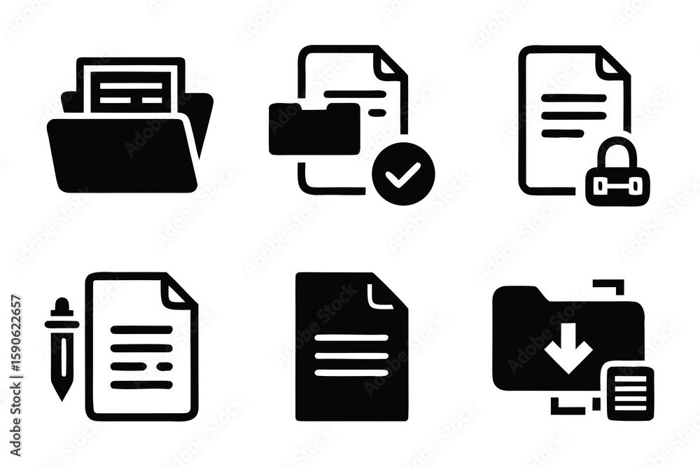 Fototapete Set of document and folder icons representing file management security and data handling in a simple black and white glyph style for web and application