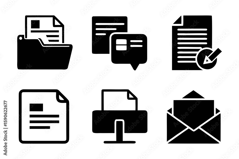 Poster set of black and white document icons representing file management communication and printing for bu