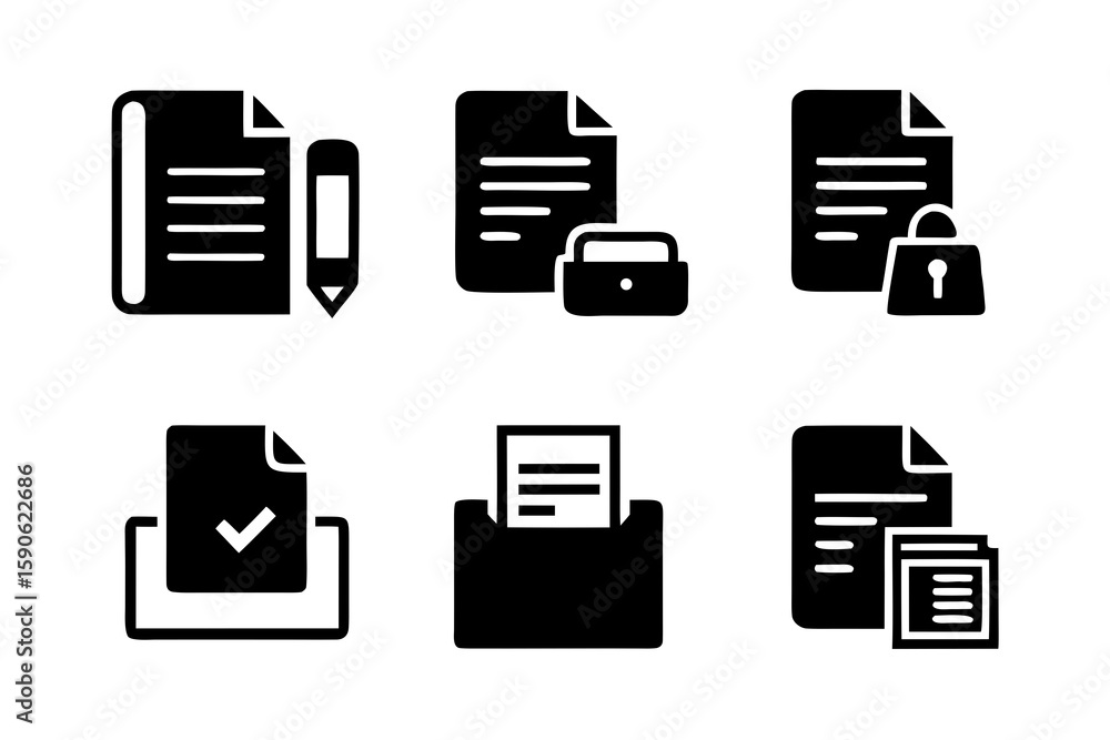 Fototapete Set of document icons representing different actions like editing securing approving printing and duplicating isolated on a white background for web design and user interfaces