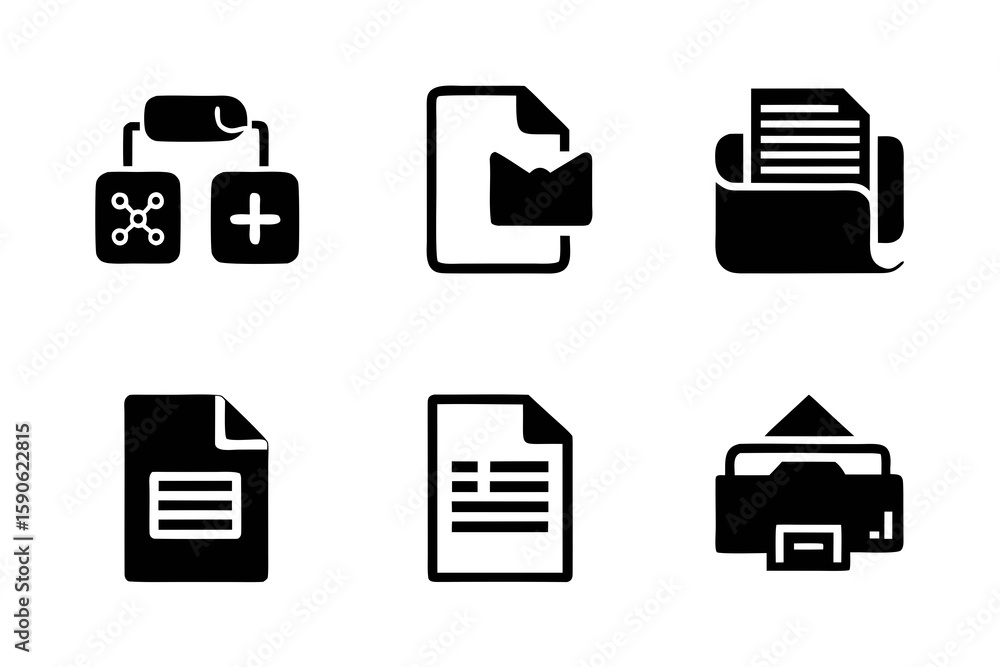 Poster Set of black file and folder icons for various purposes including data organization document management and information storage suitable for web design and application interfaces