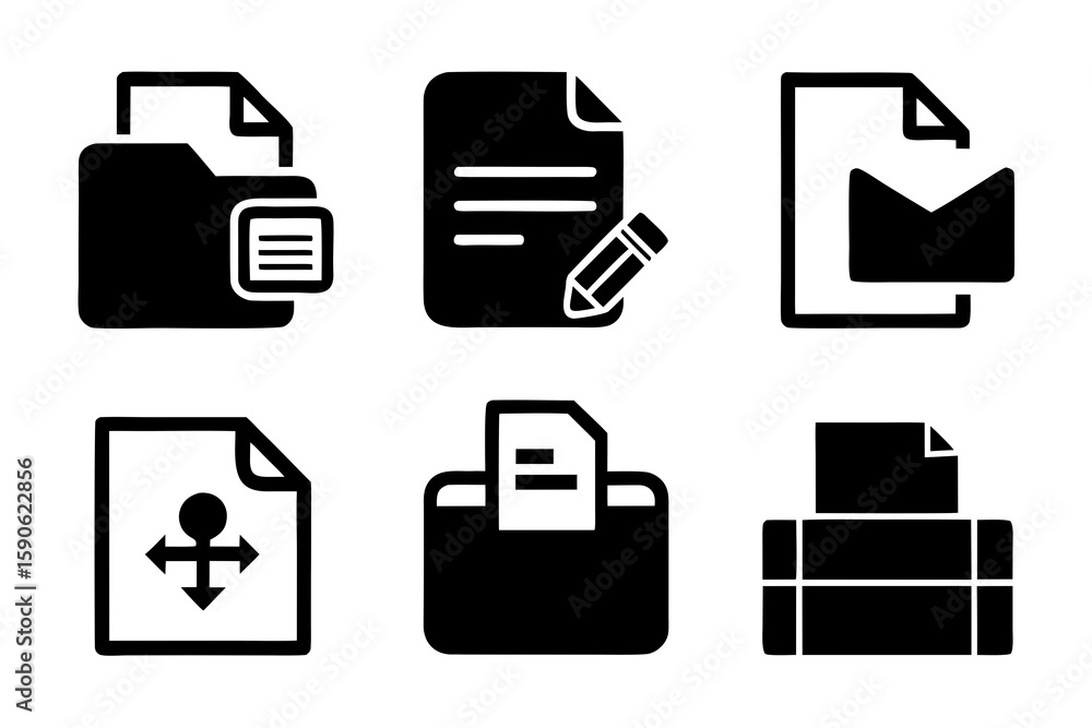 Fototapete Collection of Black and White Document File Icons Representing Different Actions and File Types for Web Design and Application Interfaces Including Folders and Mail