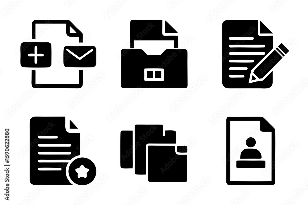 Poster collection of black and white document icons representing file management editing and organization f