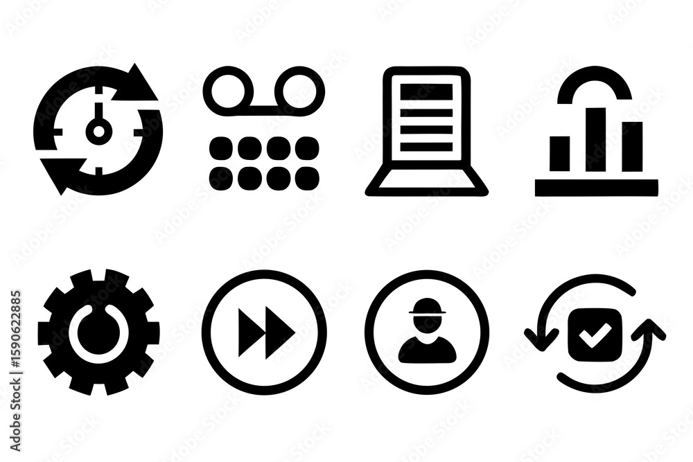 Fototapete Set of Eight Black and White Vector Icons Representing Time Data Settings User and Other Common Interface Elements for Web Design and Application Development