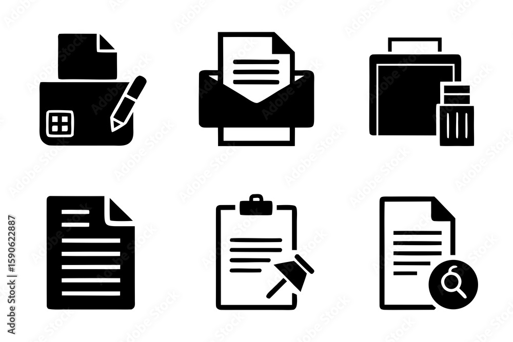 Poster set of black and white document icons representing data information management and communication sui