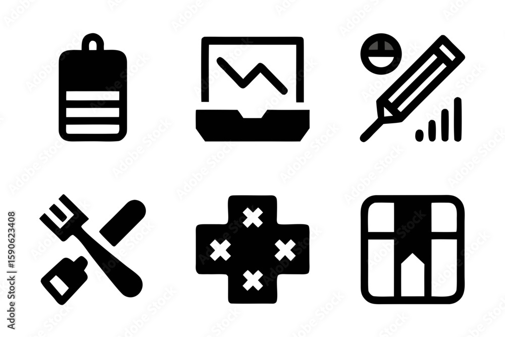 Poster collection of black and white icons representing diverse concepts such as battery level data analysi