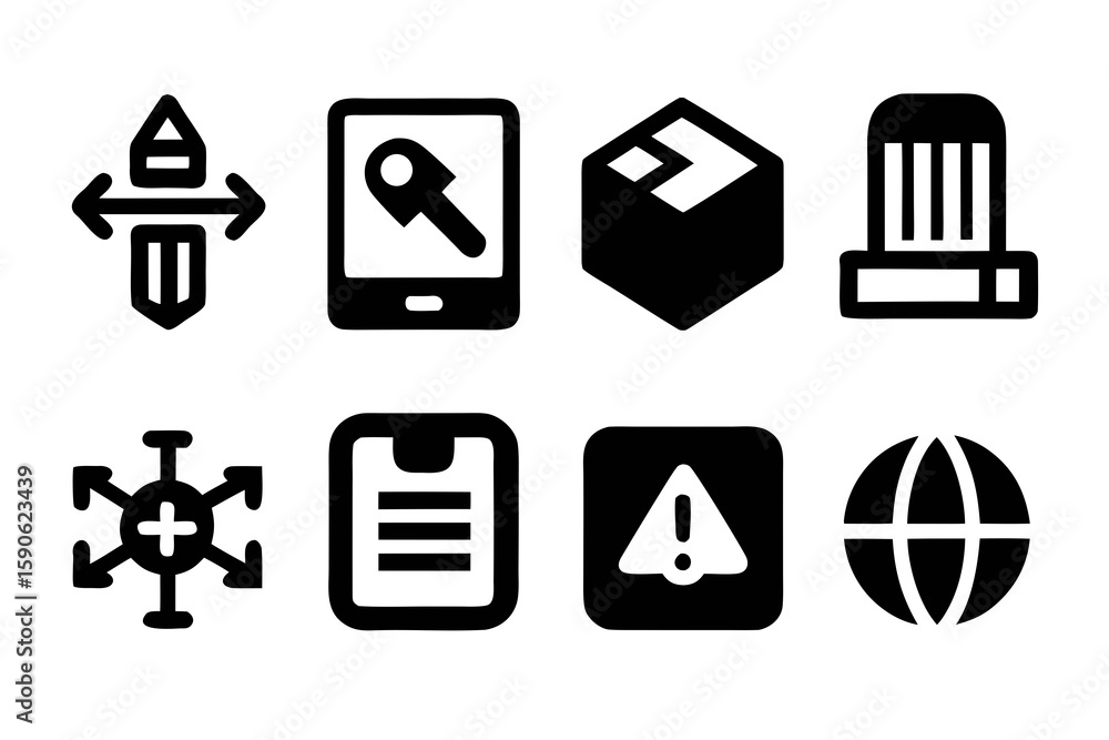 Poster collection of eight black and white vector icons representing different concepts such as design tool