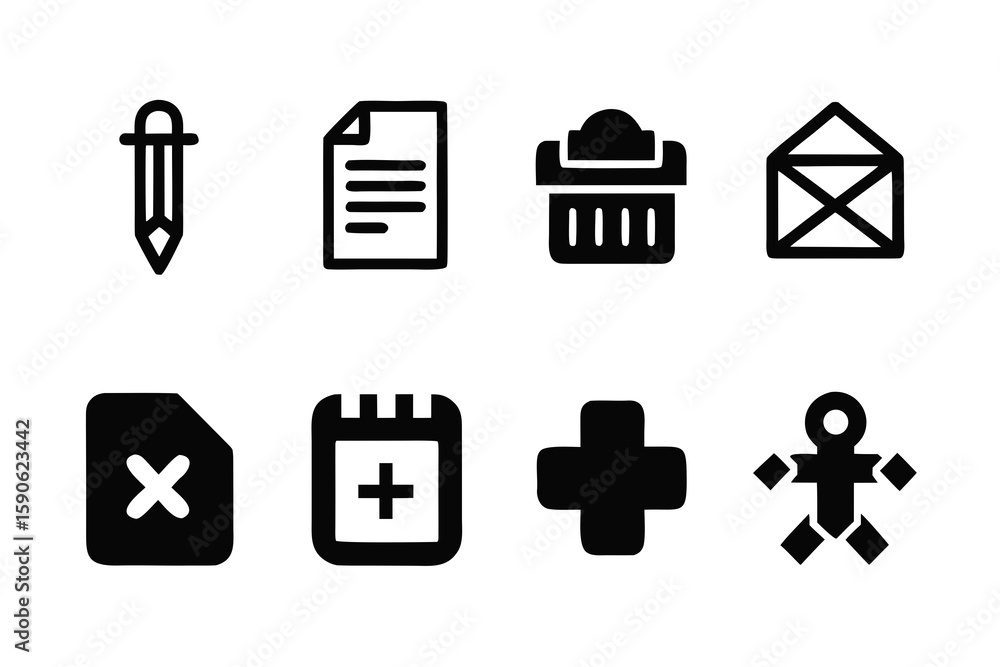 Poster set of eight black and white minimalist icons representing design tools document management and gene