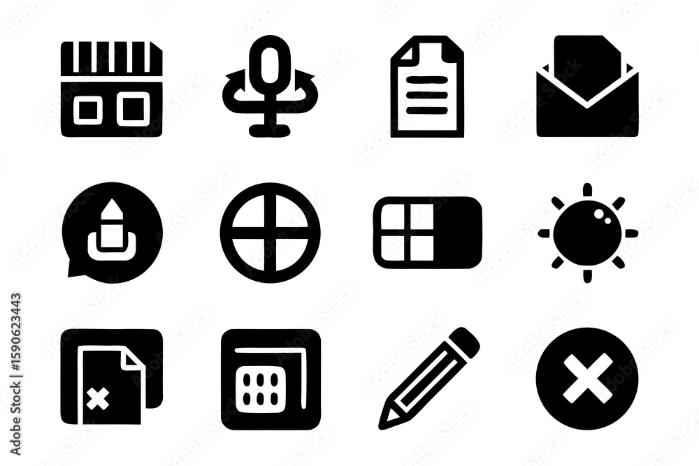 Poster a set of twelve different black glyph icons on a white background representing various functions inc
