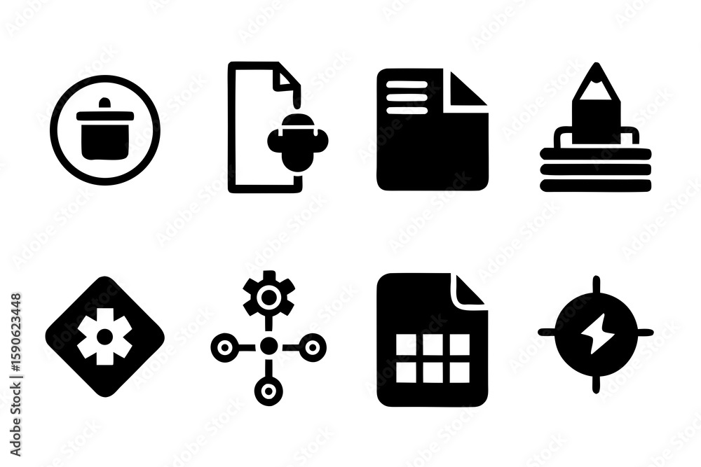 Poster set of eight black and white icons depicting various functions and concepts including deletion file 
