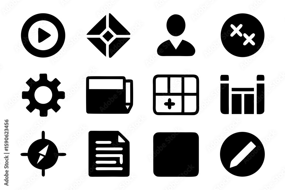 Poster Set of Black and White Vector Icons for User Interface Design Including Play Button Settings User Profile Compass File and More Perfect for App Development