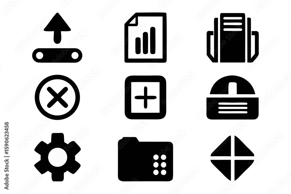 Poster collection of basic user interface icons in black silhouette on a white background including upload 