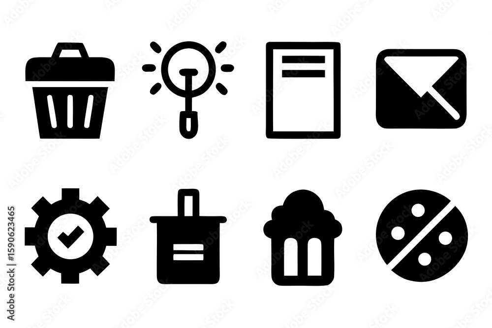 Poster collection of simple black and white icons representing various concepts such as deletion ideas docu