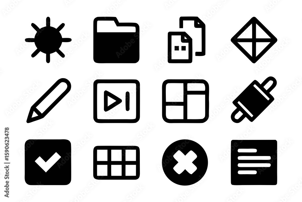Poster collection of twelve different user interface icons in black and white including a sun folder docume