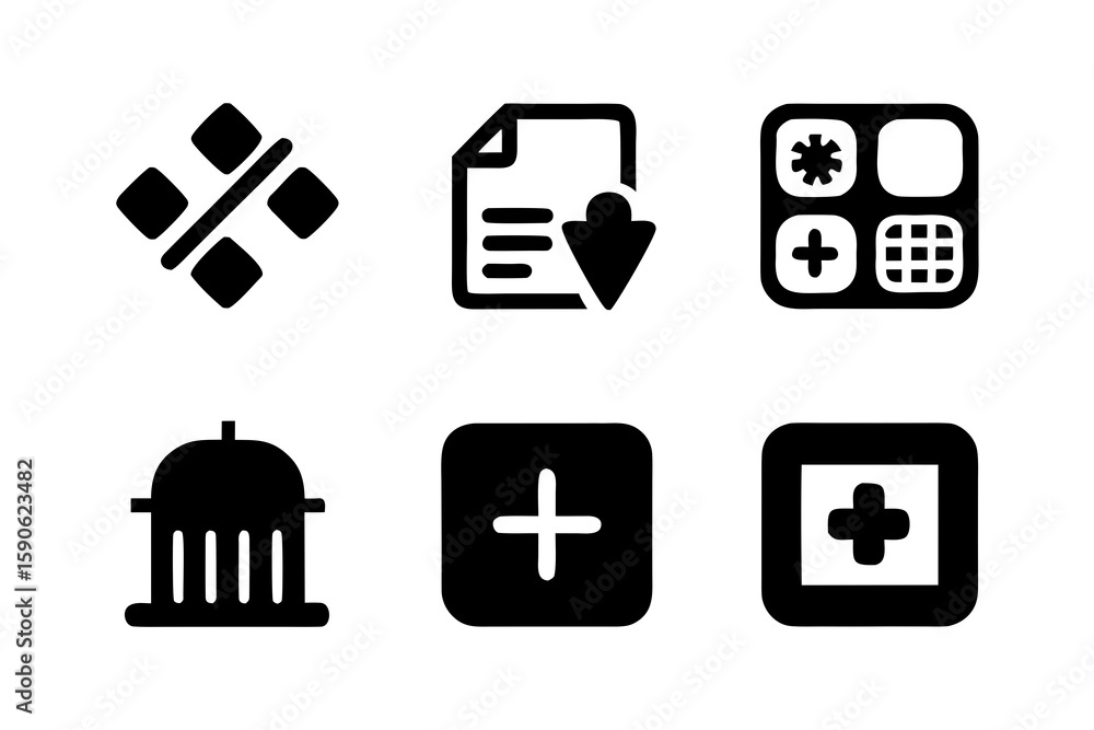 Poster collection of six distinct black glyph icons representing diverse functions and concepts isolated on