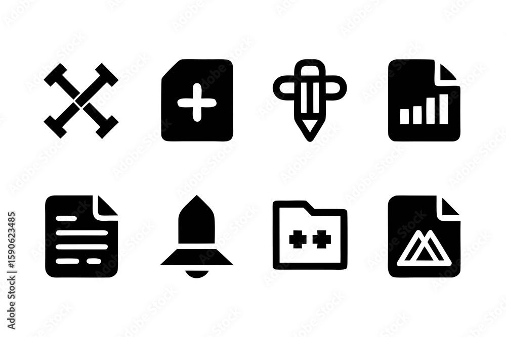 Poster set of simple black and white business and office icons featuring file plus sign pencil graph docume