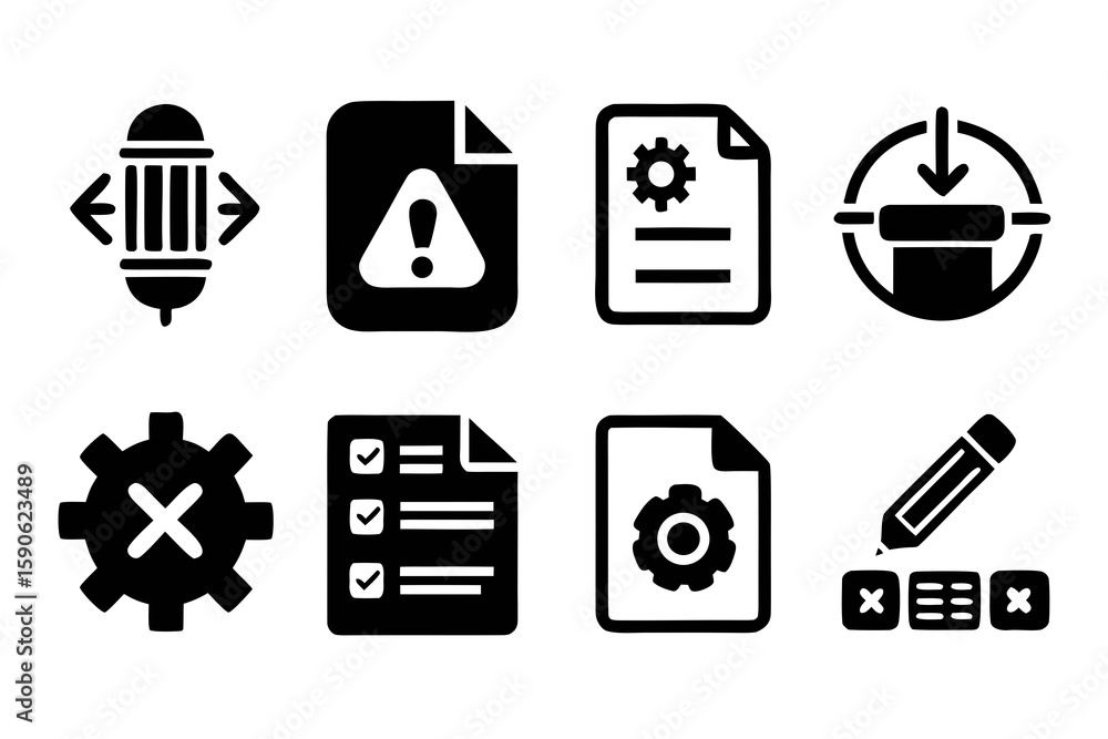 Fototapete Set of Black and White Icons Representing Different Functions and Settings Including Compression Warnings Configuration Processing Errors Checklists and Customization Options