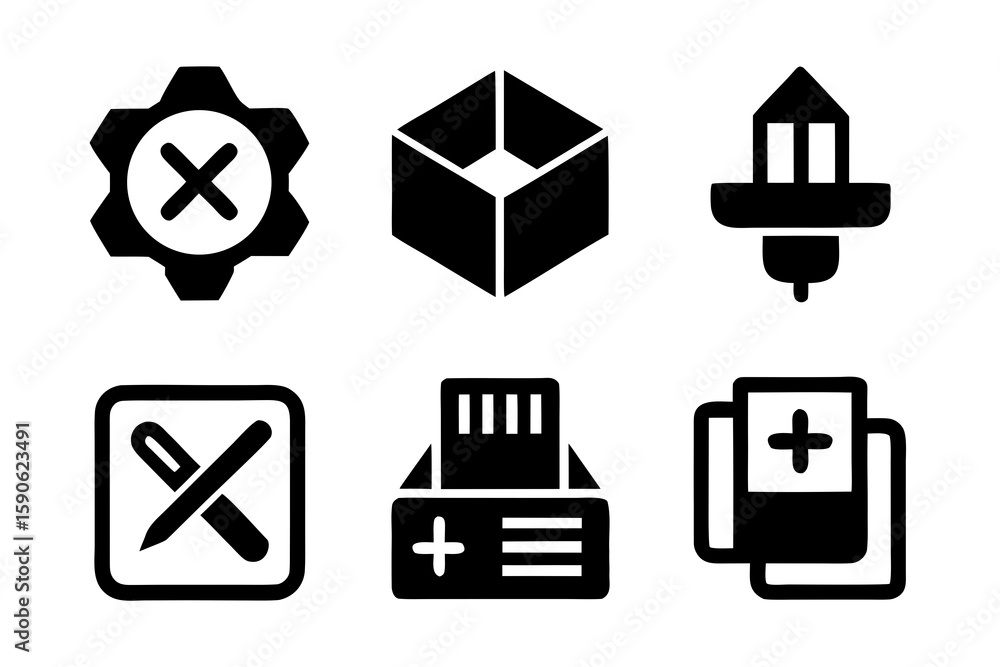Aufkleber set of black and white icons representing various concepts such as settings packaging 3d printing wr