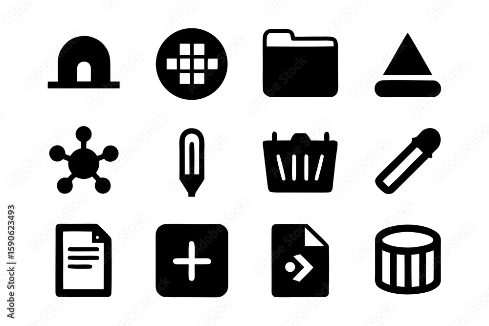 Poster set of black and white vector icons featuring a variety of symbols including a folder basket plus si