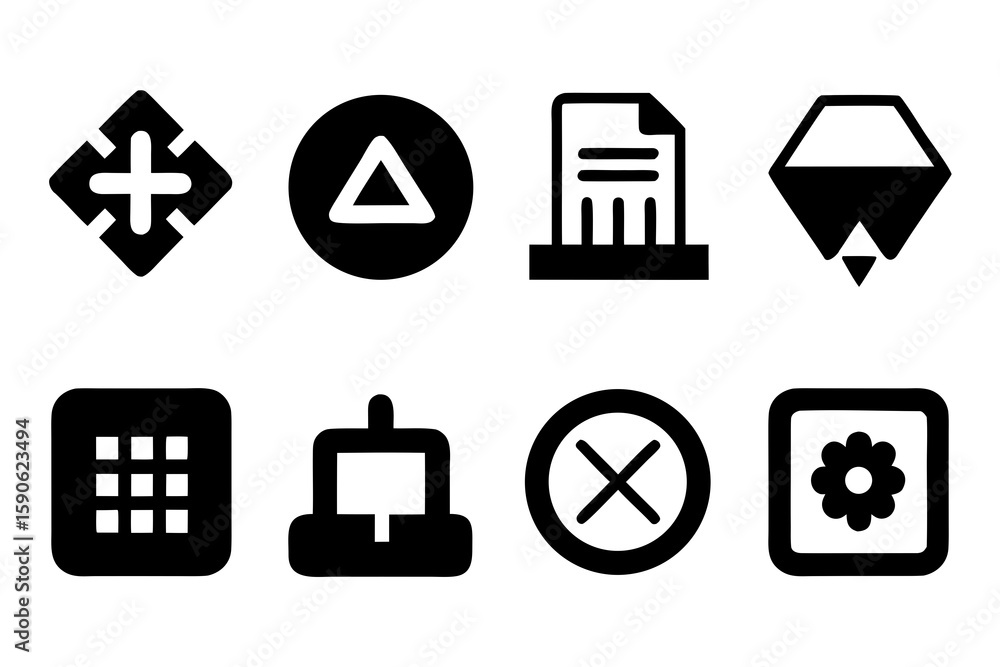 Poster collection of eight black and white silhouette icons representing different functions including a ta