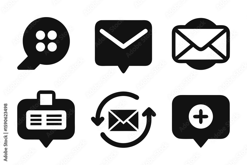 Poster diverse black and white communication icons representing messaging email and notifications for digit