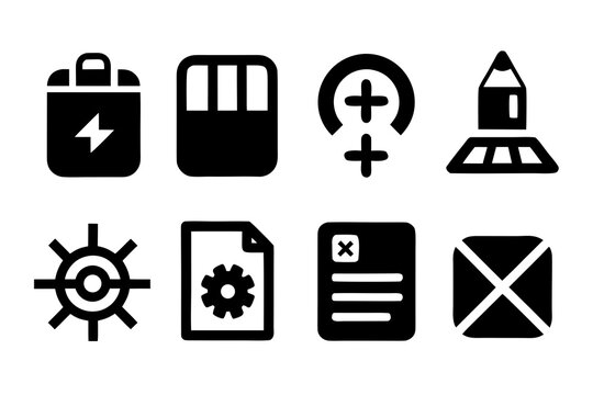 Set of diverse vector icons in solid black including electricity memory gender writing target settings document and close isolated on a clean white background