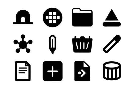 Set of Black and White Vector Icons Featuring a Variety of Symbols Including a Folder Basket Plus Sign Document and More for Design and Creative