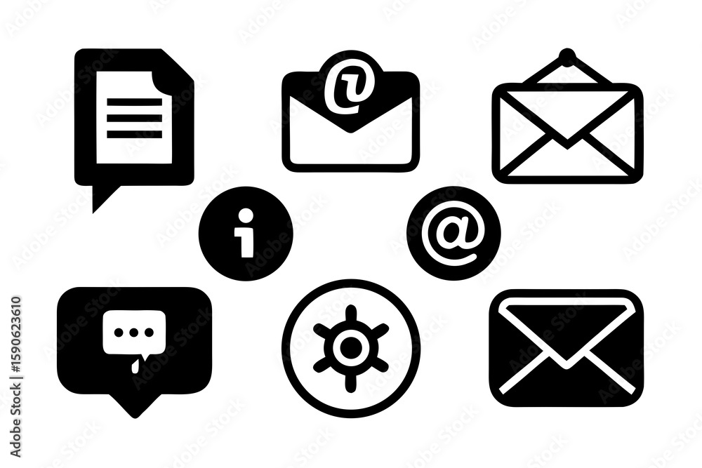 Poster collection of communication and information icons in black and white including email messages settin