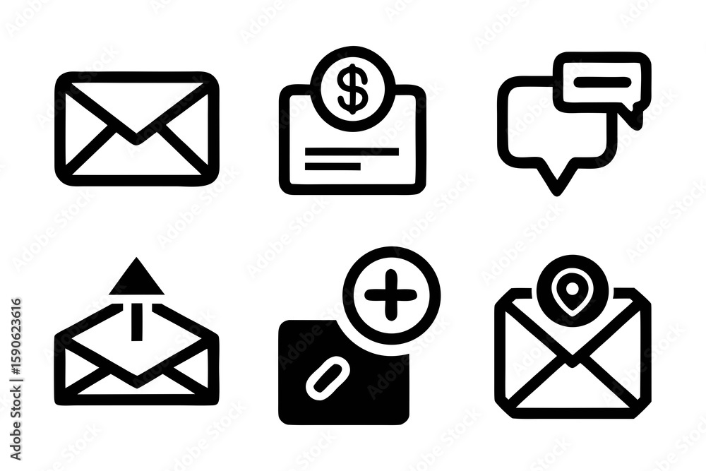 Poster set of six different black and white vector icons for email money chat sending adding files and loca