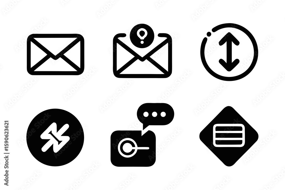 Poster set of six different black and white icons representing email question mark arrows shuffle speech bu